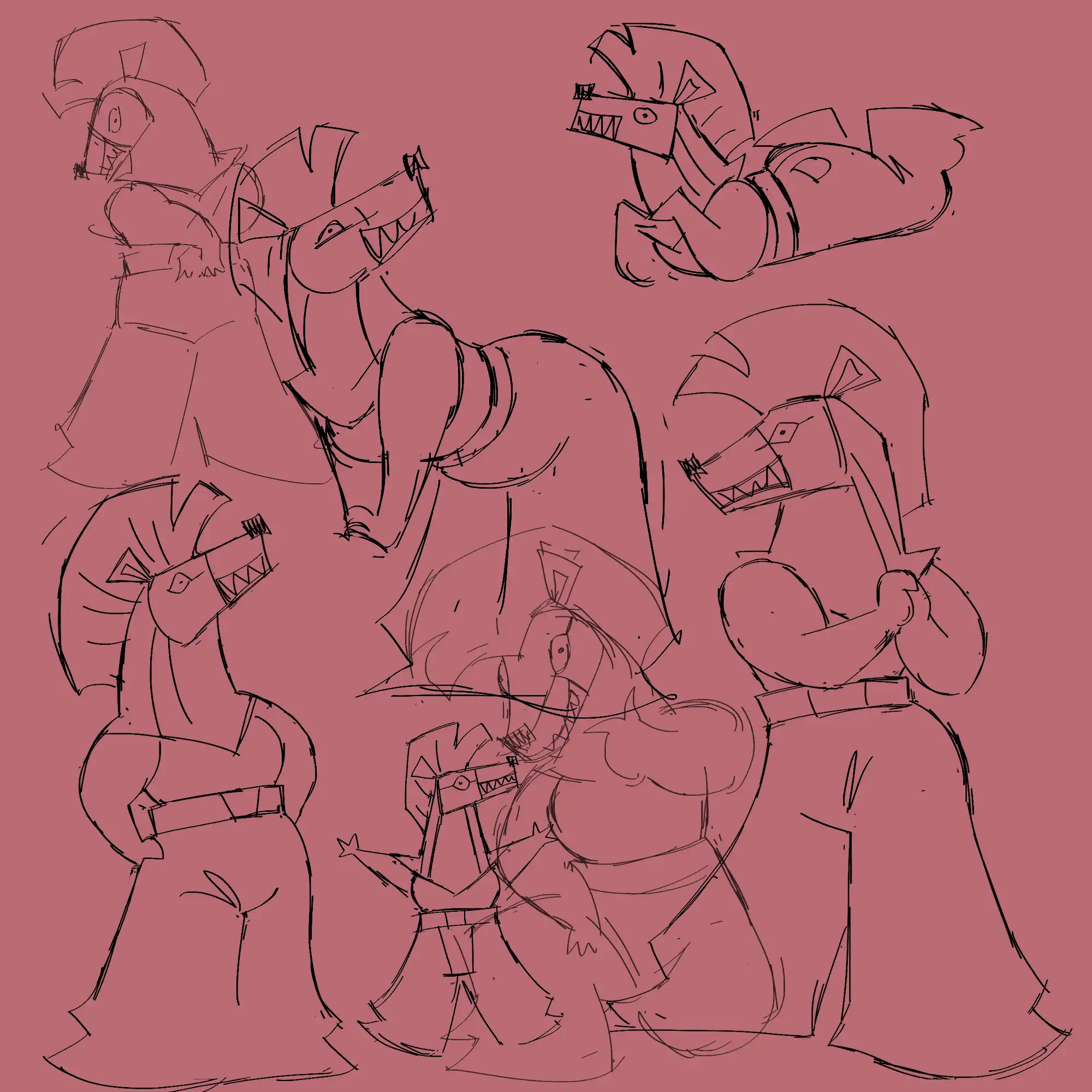 multiple 2D sketches of Onion Thing against a light-red background. From left-to-right, top-to-bottom: one is of her posing stanced-up and arms crossed in front of her; the next is of her laying on her stomach cutely with her fingers interlocked and her legs kicking in the air; another she is leaning forwards with fingers interlocked and her is mask wearing a sheepish grin; in another she is standing confidently with her hands on her hips and head held high; in another she is is jumping with her limbs splayed out cartoonishly; in another she is kneeling confidently and leaning on her raised knee with a hand to her chin; in the last she is clasping her hands happily over her chest.